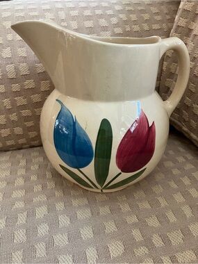 RARE Antique Watt Pottery #17 Ceramic ice lip Pitcher with Blue and Red Tulips
